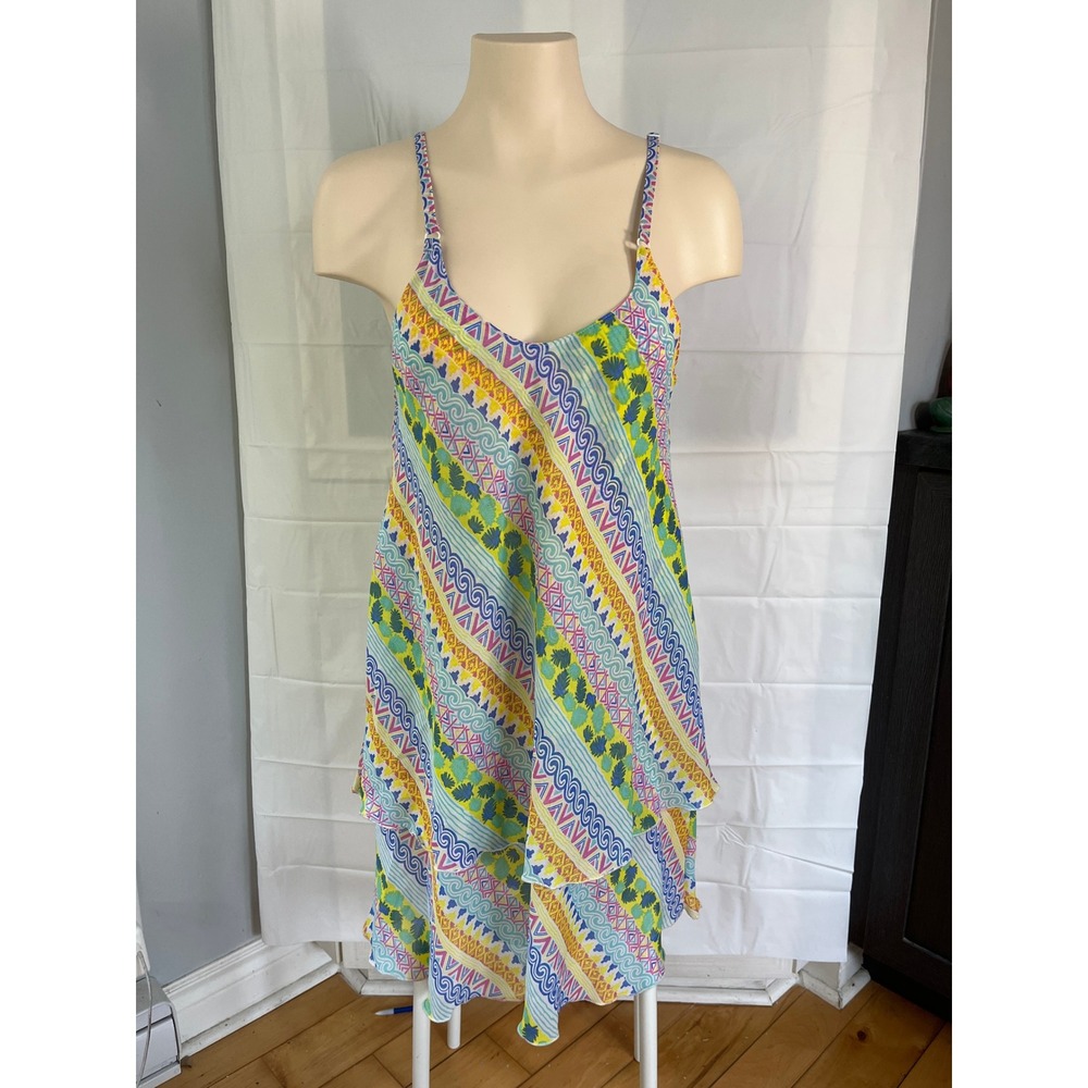 Rima Beachworld Multi Color Geometric Tropical Tiered Mini Dress Medium